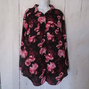 Torrid Top 1 1X Black Pink Floral Button Up Long Sleeve Boho Peasant Plus Size